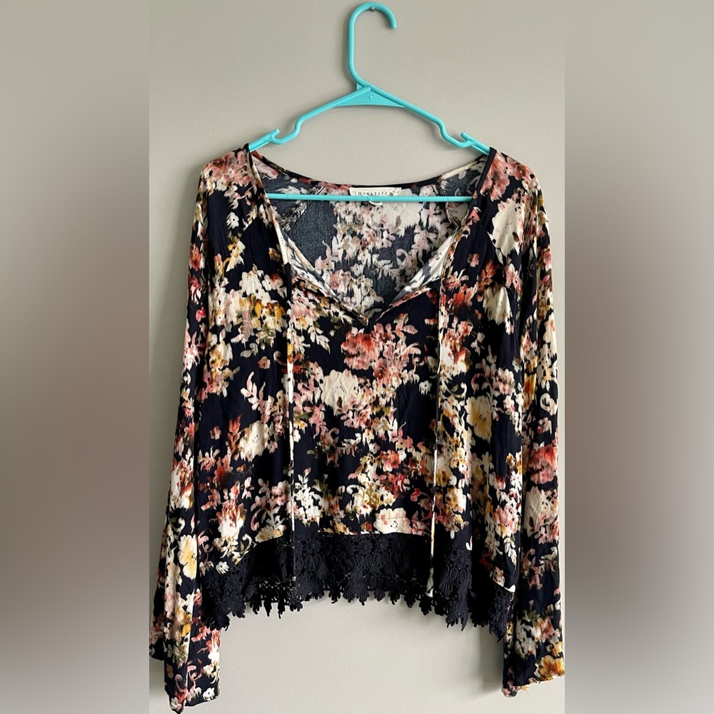 Lovestich Navy Blue Lace Floral Top